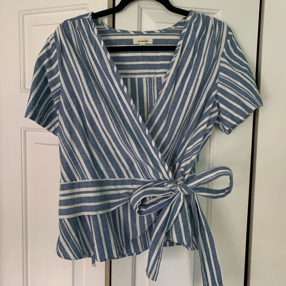 Chambray and white striped wrap top